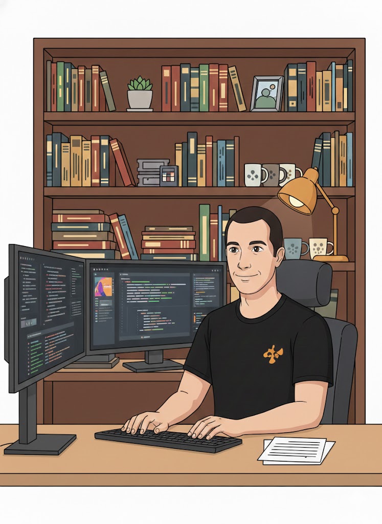 Derek working at computer